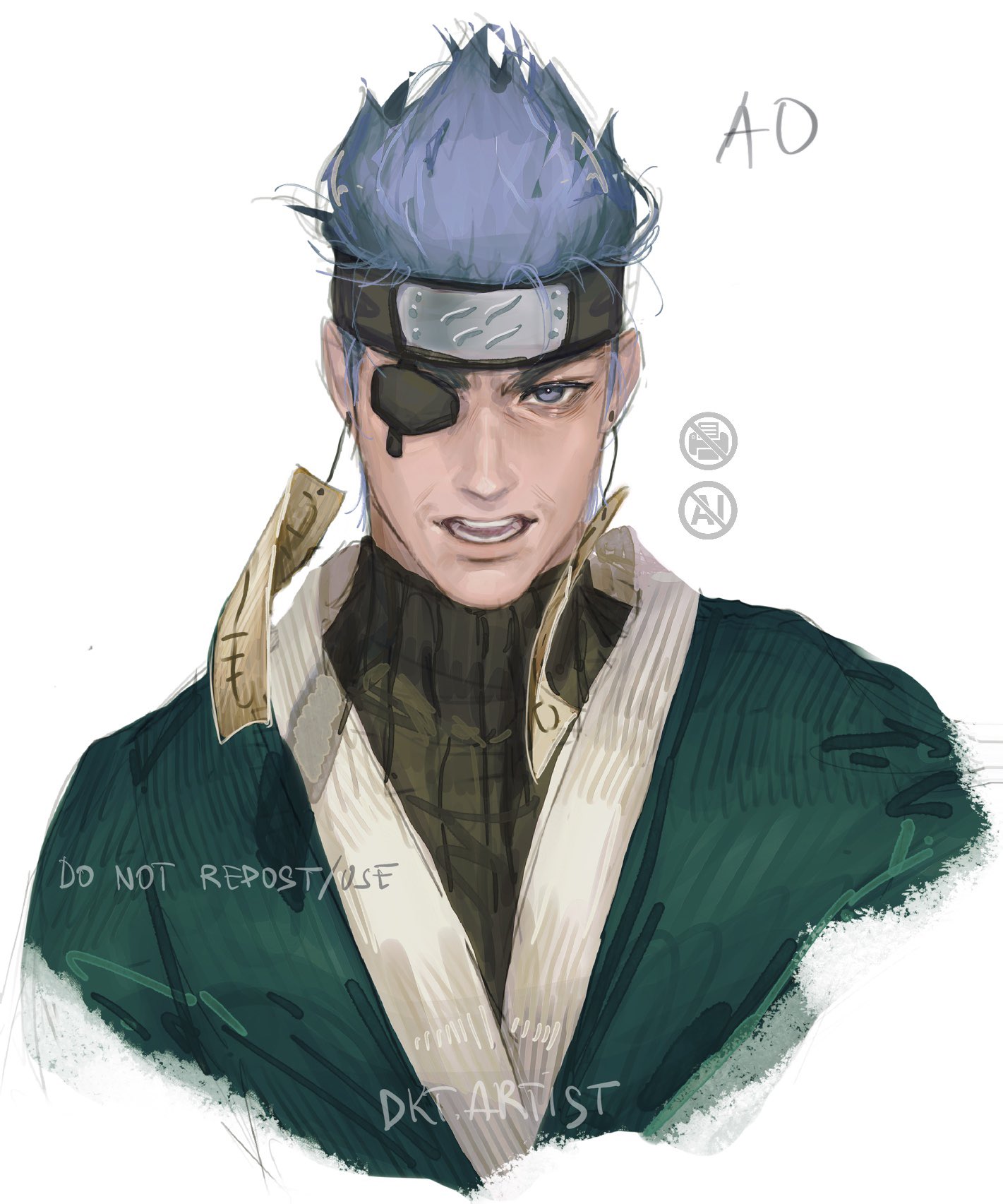 artistdkt, ao (naruto), naruto (series), naruto shippuuden, highres, 1boy, artist name, blue eyes, blue hair, character name, earrings, eyepatch, forehead protector, jewelry, male focus, open mouth, short hair, simple background, solo, teeth, white background