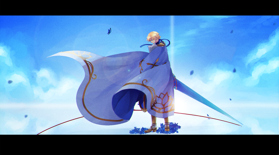 wane (ruki), royal guard (ragnarok online), ragnarok online, 1boy, armored boots, blonde hair, blue butterfly, blue sky, boots, bug, butterfly, cape, closed mouth, cloud, from behind, full body, holding, holding polearm, holding weapon, insect, lance, letterboxed, male focus, official alternate costume, polearm, short hair, sky, smile, solo, standing, weapon, white cape