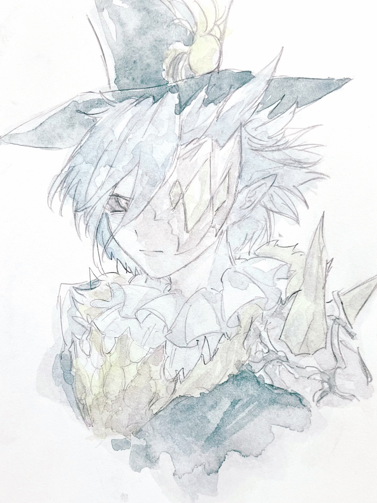 grimms notes, highres, 1boy, black sclera, chaos munchausen (grimms notes), closed mouth, colored sclera, colored skin, cropped torso, green hat, grey hair, hair between eyes, half-closed eyes, hat, looking at viewer, male focus, medium hair, one eye covered, pointy ears, shoulder spikes, simple background, solo, spiked hair, spikes, syoka 72, top hat, upper body, white background, white skin