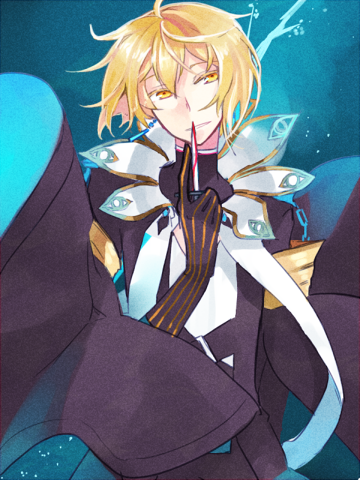 wane (ruki), warlock (ragnarok online), ragnarok online, lowres, 1boy, black coat, black gloves, blonde hair, blue background, coat, dagger, gloves, grin, holding, holding dagger, holding knife, holding weapon, index finger raised, knife, looking at viewer, male focus, open clothes, open coat, shirt, short hair, smile, solo, upper body, weapon, white shirt, yellow eyes