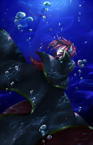 wane (ruki), warlock (ragnarok online), ragnarok online, 1boy, air bubble, black coat, bubble, closed eyes, coat, male focus, red hair, short hair, solo, submerged, underwater, upper body, water