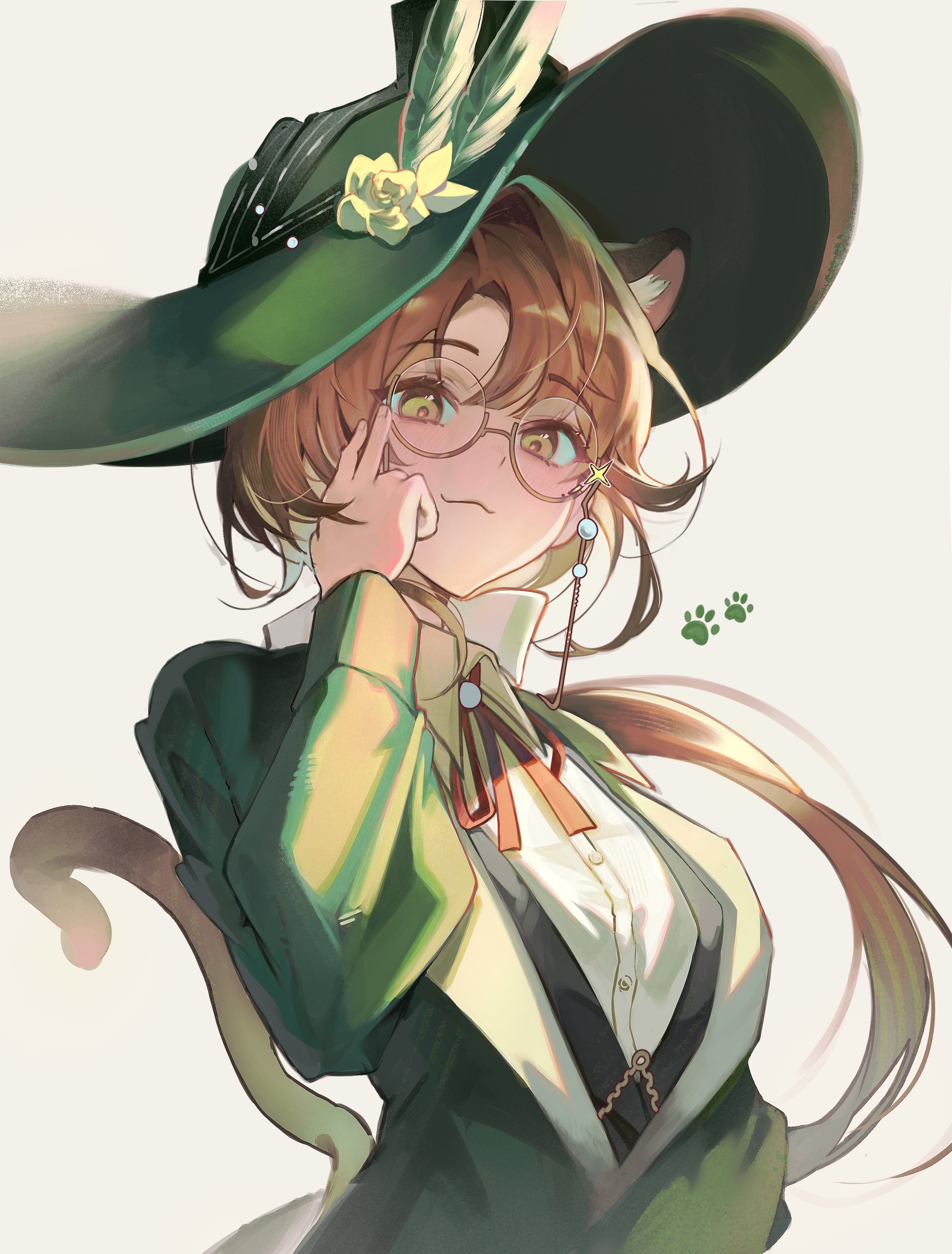 popo 07274, kakania (reverse:1999), reverse:1999, absurdres, highres, 1girl, adjusting eyewear, brown hair, cat girl, cat tail, collared shirt, eyewear strap, flower, glasses, green eyes, green hat, green jacket, hand up, hat, hat feather, hat flower, jacket, kemonomimi mode, long hair, neck ribbon, paw print, picture hat, red ribbon, ribbon, round eyewear, shirt, simple background, solo, tail, upper body, white background, white shirt, yellow flower