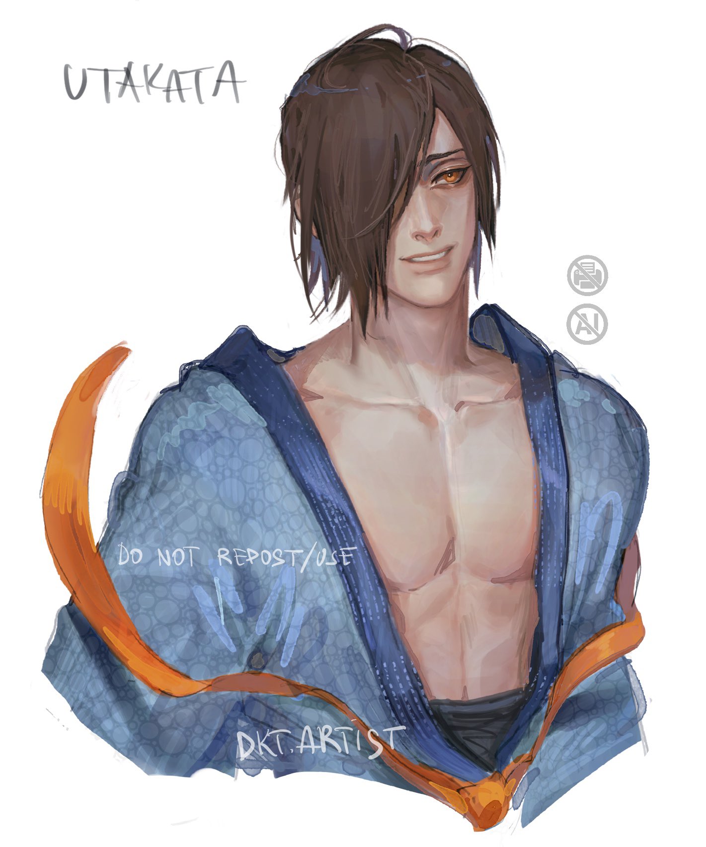 artistdkt, utakata (naruto), naruto (series), naruto shippuuden, highres, 1boy, artist name, brown hair, character name, collarbone, hair over one eye, japanese clothes, kimono, light smile, lips, male focus, medium hair, nose, open clothes, open kimono, orange eyes, pectorals, simple background, solo, teeth, white background