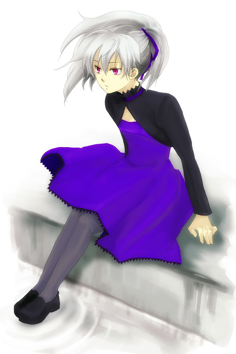 yin (darker than black), darker than black, 00s, 1girl, dress, female focus, grey hair, hair ribbon, long sleeves, maroon eyes, ponytail, purple dress, purple ribbon, ribbon, ripples, sitting, solo, water, wind