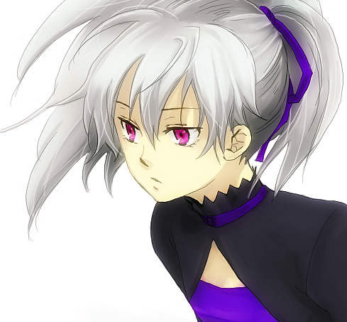 yin (darker than black), darker than black, lowres, 00s, 1girl, dress, female focus, grey hair, hair ribbon, long sleeves, maroon eyes, ponytail, purple dress, purple ribbon, ribbon, simple background, solo, white background
