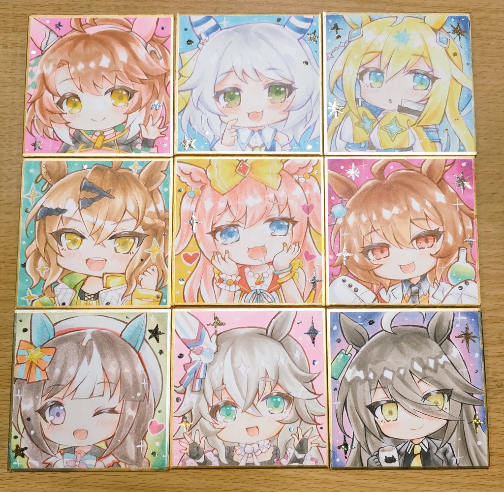 terimuku, agnes digital (umamusume), agnes tachyon (umamusume), dantsu flame (umamusume), hishi miracle (umamusume), hokko tarumae (umamusume), jungle pocket (umamusume), manhattan cafe (umamusume), neo universe (umamusume), wonder acute (umamusume), umamusume, commentary request, photo (medium), traditional media, 6+girls, :d, beret, black gloves, black hair, black necktie, black shirt, blonde hair, blue eyes, blue hair, blush, braid, bridal gauntlets, brown eyes, brown hair, chibi, collared shirt, cup, dress shirt, drooling, eyes visible through hair, flask, gloves, green eyes, grey hair, hair between eyes, hand up, hat, heart, holding, holding cup, jacket, lab coat, long hair, long sleeves, low twintails, mug, multicolored hair, multiple girls, necktie, open clothes, open jacket, open mouth, parted bangs, parted lips, pink hair, puffy long sleeves, puffy sleeves, red sailor collar, round-bottom flask, sailor collar, shikishi, shirt, short eyebrows, sleeves past fingers, sleeves past wrists, smile, thick eyebrows, twin braids, twintails, two-tone hair, white hair, white hat, white jacket, white shirt, yellow necktie