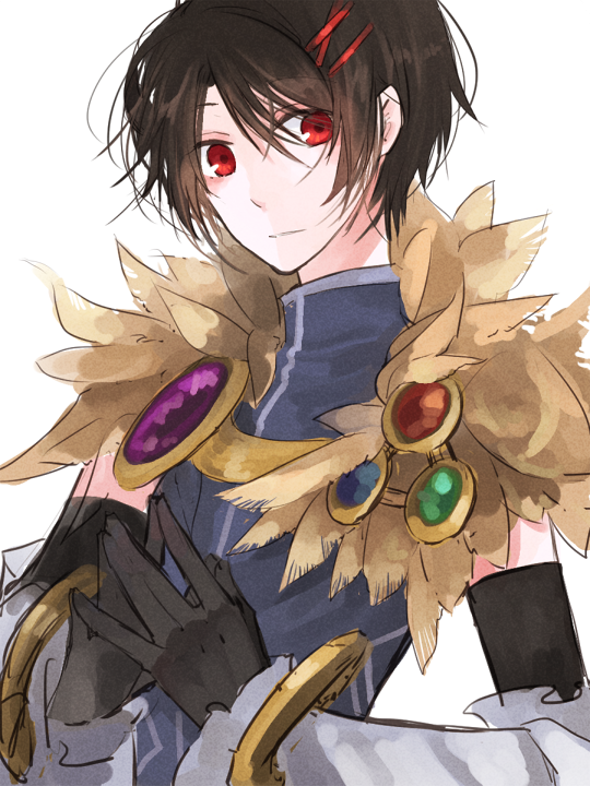 wane (ruki), sorcerer (ragnarok online), ragnarok online, 1boy, black gloves, black hair, blue shirt, closed mouth, elbow gloves, fur collar, gloves, hair ornament, hairclip, looking at viewer, male focus, red eyes, shirt, short hair, simple background, sleeveless, sleeveless shirt, smile, solo, steepled fingers, upper body, white background