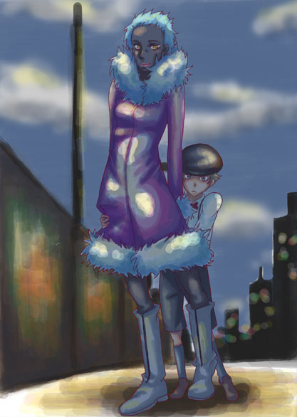 april (darker than black), july (darker than black), darker than black, tagme, 00s, 1boy, 1girl, cloud, looking at viewer, outdoors, sky, standing