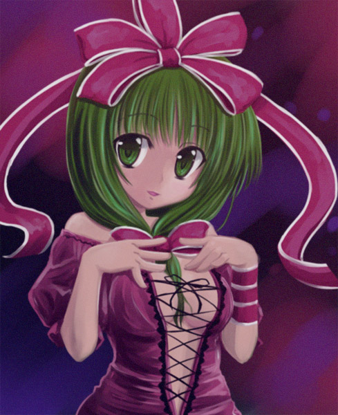 kazami ruku, kagiyama hina, touhou, 1girl, breasts, female focus, front ponytail, green eyes, green hair, hair ribbon, matching hair/eyes, ribbon, solo