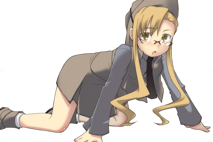 ninokawa magamo, original, blonde hair, glasses, hat, necktie, skirt, solo, vest, yellow eyes