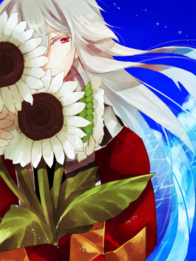 wane (ruki), minstrel (ragnarok online), ragnarok online, 1boy, blue background, closed mouth, coat, flower, flower over eye, grey hair, long hair, looking afar, looking to the side, male focus, red coat, red eyes, smile, solo, sunflower, upper body, white flower