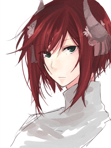 wane (ruki), warlock (ragnarok online), ragnarok online, lowres, 1boy, closed mouth, expressionless, green eyes, grey horns, horns, looking at viewer, male focus, portrait, red hair, shirt, short hair, simple background, solo, white background, white shirt