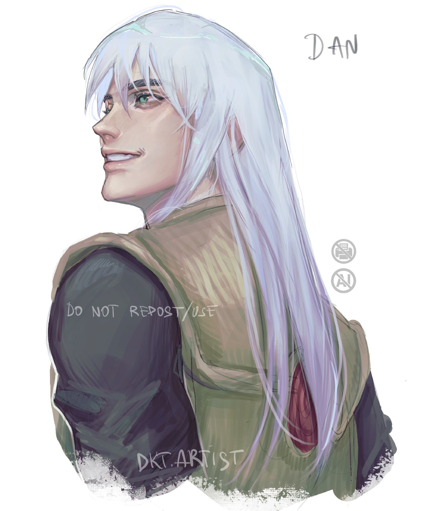 artistdkt, katou dan, naruto (series), naruto shippuuden, highres, artist name, back, character name, flak jacket, green eyes, jacket, konohagakure shinobi uniform, lips, looking to the side, looking up, male focus, nose, simple background, smile, teeth, upper body, white background, white hair