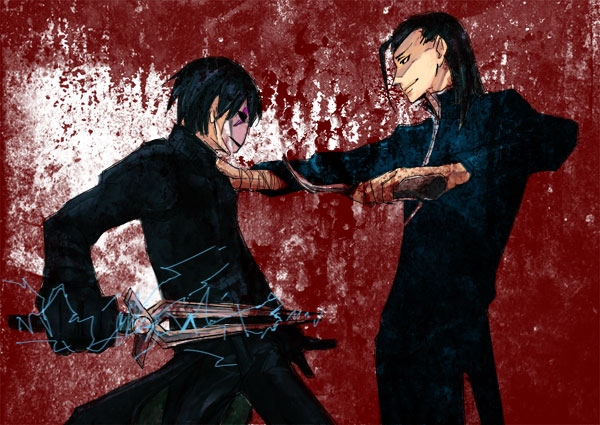 hei (darker than black), darker than black, 00s, 2boys, black gloves, black hair, black jacket, blood, electricity, fighting, gloves, hook, injury, jacket, knife, male focus, mask, multiple boys, weapon, wire, zhijun wei