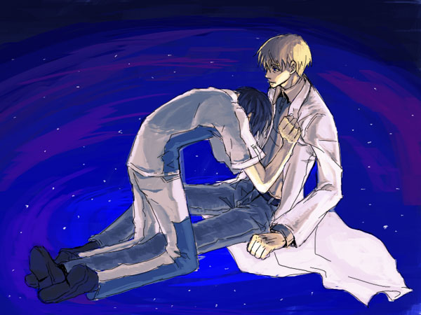 hei (darker than black), darker than black, character request, tagme, 00s, 2boys, blonde hair, lab coat, male focus, multiple boys