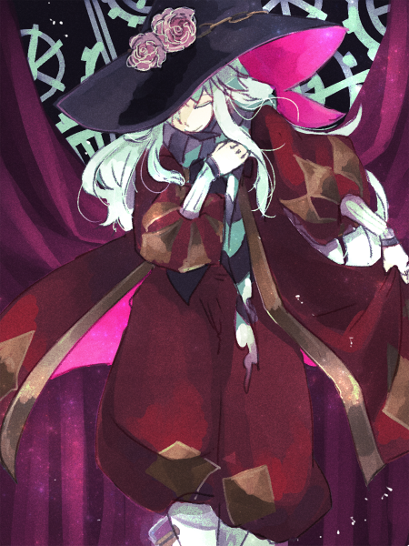 wane (ruki), minstrel (ragnarok online), ragnarok online, commentary request, 1boy, black hat, black scarf, bowing, closed eyes, closed mouth, coat, curtains, feet out of frame, grey hair, hat, long hair, male focus, open clothes, open coat, pants, red coat, red pants, scarf, smile, solo, standing, striped clothes, striped scarf, white scarf, witch hat