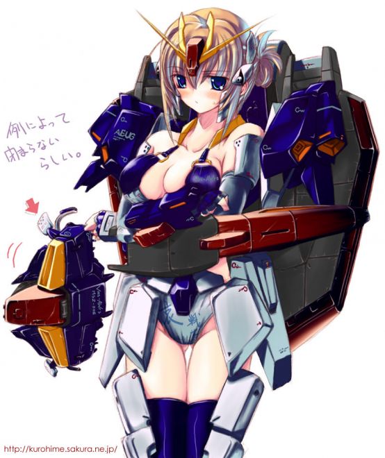 ground gundam, gundam, gundam 08th ms team, translation request, 1girl, armor, bare shoulders, blonde hair, blue eyes, blush, breasts, collarbone, cropped legs, female focus, hair between eyes, japanese text, looking at viewer, personification, simple background, solo, text focus, thigh gap, thighhighs, watermark, web address, white background