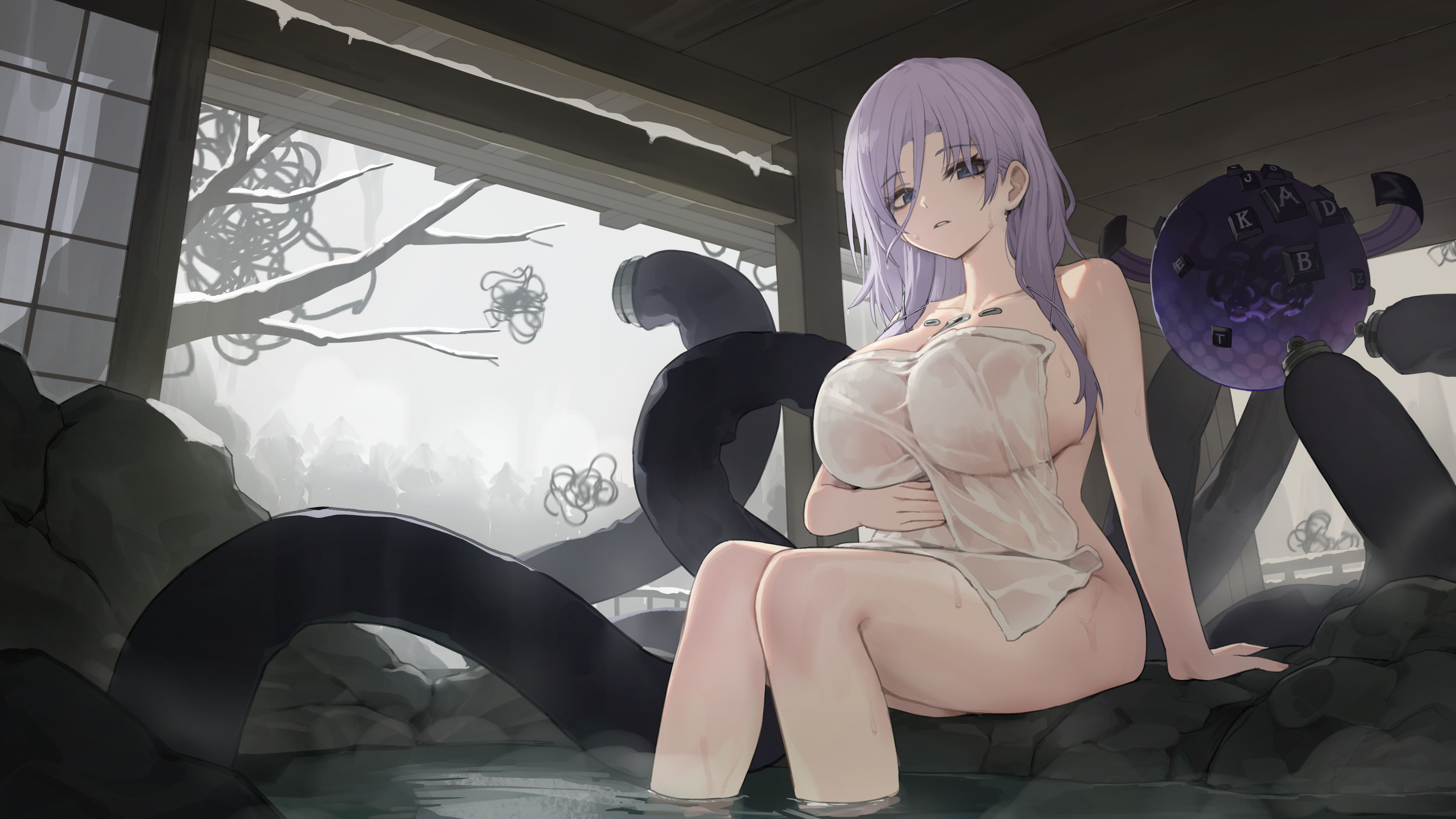 romana, xinyue tongxing, absurdres, commentary request, highres, 1girl, arm support, bare shoulders, blue eyes, branch, breasts, cleavage, collarbone, grey sky, hair between eyes, hand on own stomach, large breasts, long hair, long hair between eyes, looking at viewer, mole, mole under eye, naked towel, onsen, parted lips, purple eyes, rock, shouji, sitting, sky, sliding doors, soaking feet, solo, steam, towel, very long hair, water, wet towel, wu (xinyue tongxing)