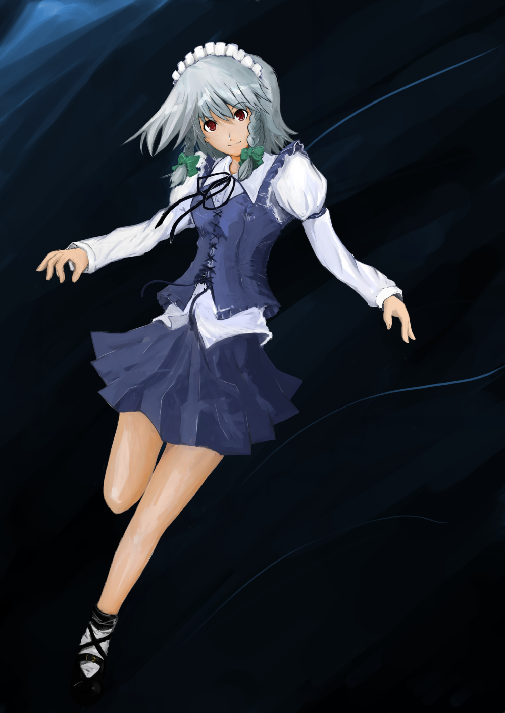 haru (fujinomori), izayoi sakuya, touhou, silver hair, highres, 1girl, braid, female focus, short hair, solo, twin braids