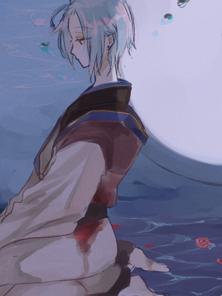 wane (ruki), soul linker (ragnarok online), ragnarok online, commentary request, 1boy, barefoot, black shirt, blue background, blue eyes, blue hair, closed mouth, coat, earrings, expressionless, full body, hanbok, jewelry, korean clothes, male focus, profile, seiza, shirt, short hair, sitting, solo, stud earrings, white coat