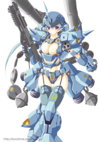 kousaka yami, kampfer (mobile suit), gundam, gundam 0080, lowres, tagme, 00s, 1girl, 80s, bikini, bikini bottom only, blue hair, breast tattoo, breasts, chain mine, cleavage, garter straps, gun, helmet, large breasts, long hair, machinery, mecha, mecha musume, midriff, navel, oldschool, purple eyes, retro artstyle, robot, rocket launcher, shotgun, simple background, solo, sturm faust, swimsuit, tattoo, thighhighs, watermark, weapon, web address, white background