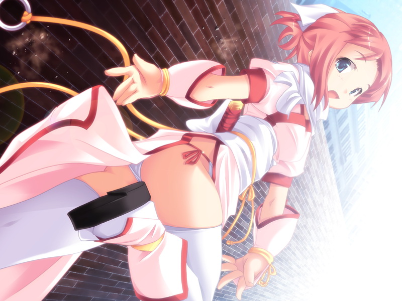 ma@ya, yamato masora, koi otome, game cg, 1girl, brown hair, female focus, japanese clothes, looking back, panties, pink hair, side-tie panties, smile, solo, thighhighs, underwear