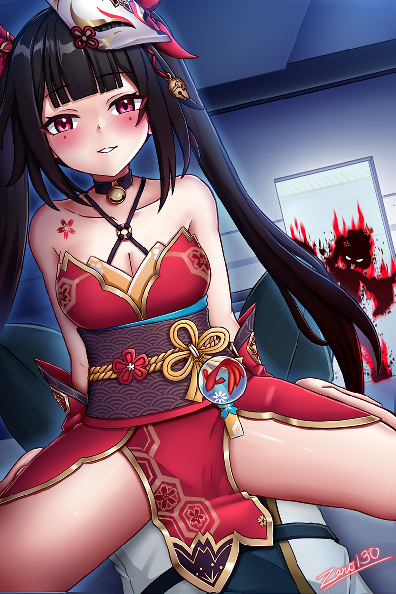 zero130, captain (honkai impact), sparkle (honkai: star rail), honkai: star rail, honkai (series), honkai impact 3rd, highres, textless version, 1boy, 2girls, anger vein, angry, bare shoulders, black hair, black pants, breasts, china dress, chinese clothes, cleavage, closed mouth, cosplay, cowgirl position, detached sleeves, dress, grin, halloween, halloween costume, hetero, jiangshi, jiangshi costume, looking at viewer, lying, mask, mask on head, multiple girls, on back, open mouth, pants, pink eyes, red dress, red sleeves, smile, straddling, teeth, twintails