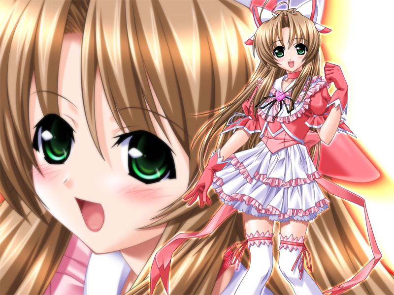 higuchi isami, kusunoki sae, mahou shoujo sae, game cg, 00s, 1girl, blush, dress, gloves, long hair, ribbon, smile, thighhighs