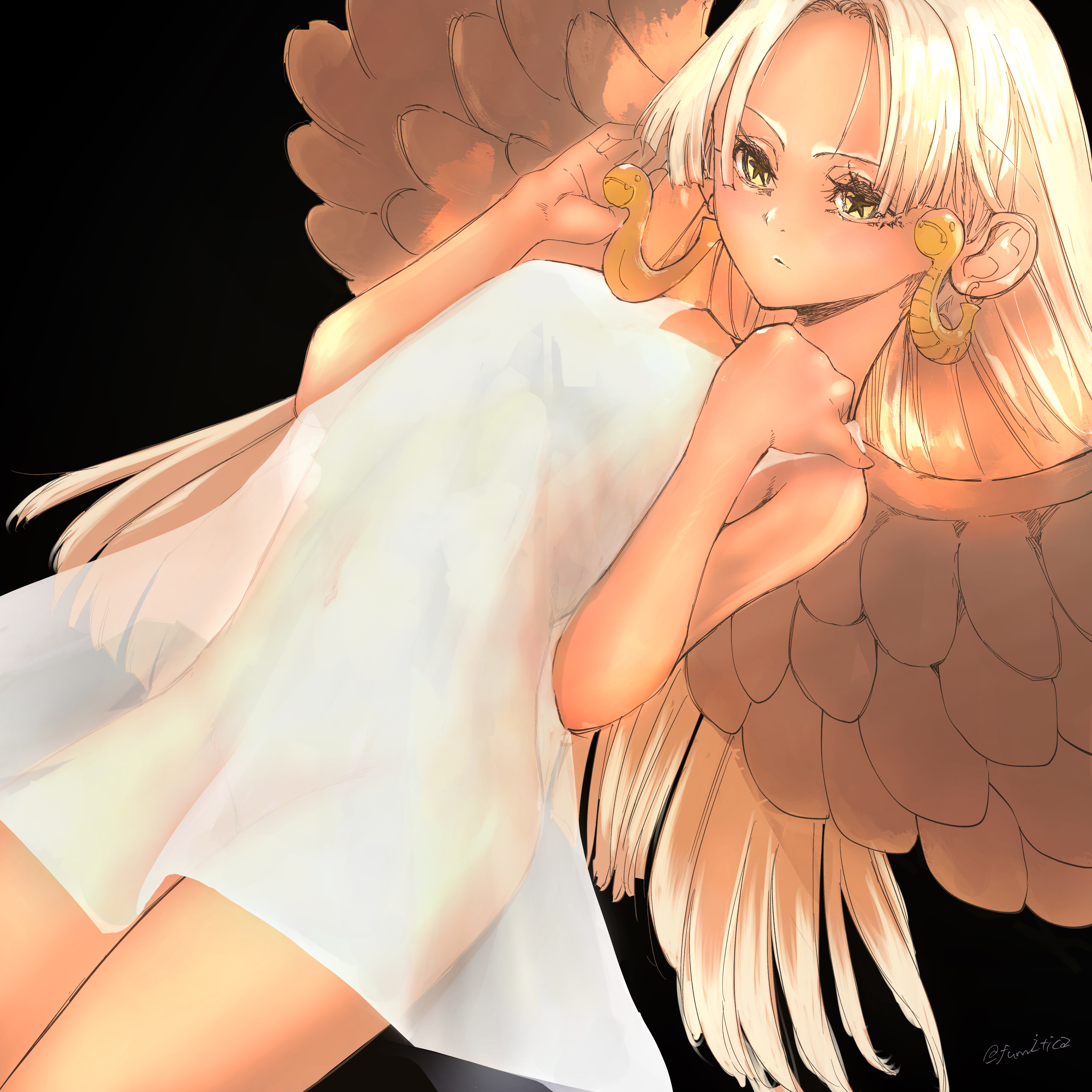 illustica phantom, s-snake, one piece, absurdres, highres, 1girl, black background, closed mouth, dark-skinned female, dark skin, dress, earrings, feathered wings, grey wings, jewelry, long hair, snake earrings, solo, star-shaped pupils, star (symbol), symbol-shaped pupils, white dress, white hair, wings, yellow eyes