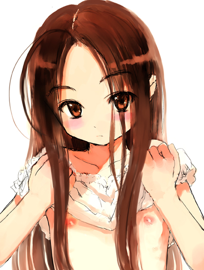 sasahara yuuki, 1girl, blush, brown eyes, brown hair, female focus, flat chest, forehead, loli, long hair, nipples, simple background, solo, white background