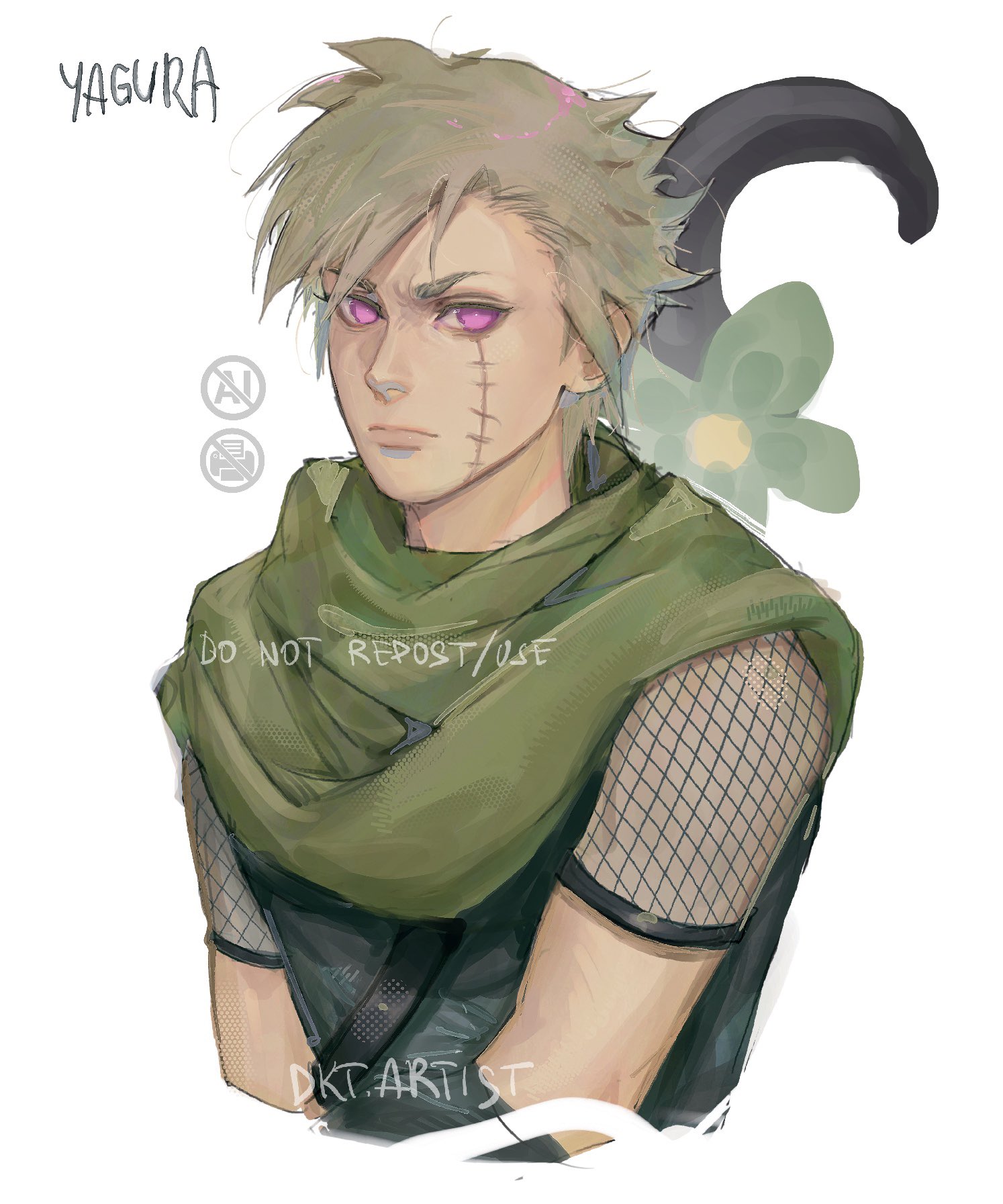 artistdkt, karatachi yagura, naruto (series), naruto shippuuden, commentary, highres, 1boy, artist name, character name, facial scar, fishnets, lips, looking at viewer, male focus, nose, purple eyes, scar, scar on cheek, scar on face, short hair, simple background, solo, upper body, white background