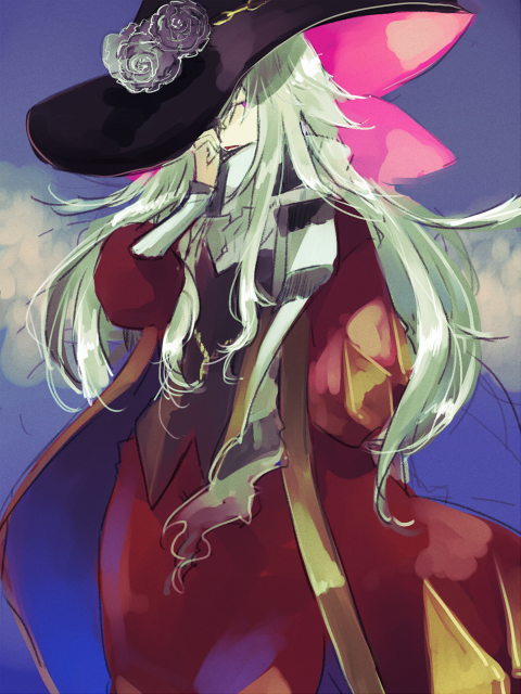 wane (ruki), minstrel (ragnarok online), ragnarok online, commentary request, 1boy, black hat, black vest, blue background, coat, cowboy shot, flower, grey flower, grey hair, grey rose, hand on another's hat, hat, hat flower, hat over one eye, long hair, looking at viewer, male focus, open clothes, open coat, open mouth, pants, red coat, red eyes, red pants, rose, solo, vest, witch hat