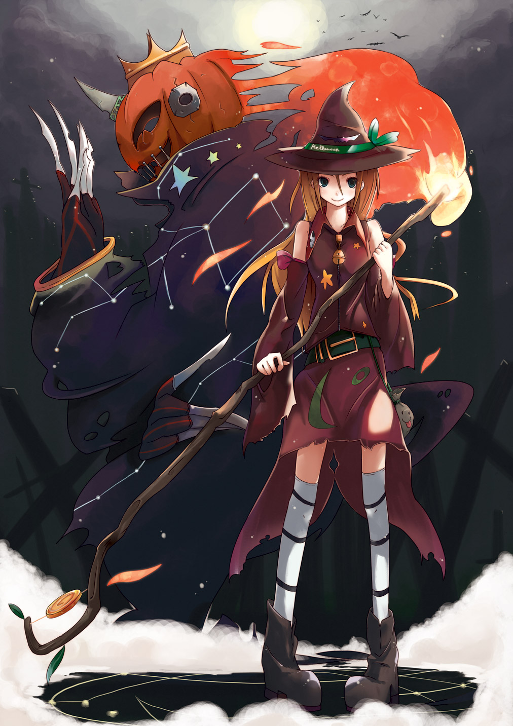 hrd, original, highres, bell, blonde hair, detached sleeves, halloween, hat, long hair, matches, monster, night, pumpkin, smile, thighhighs, witch, witch hat