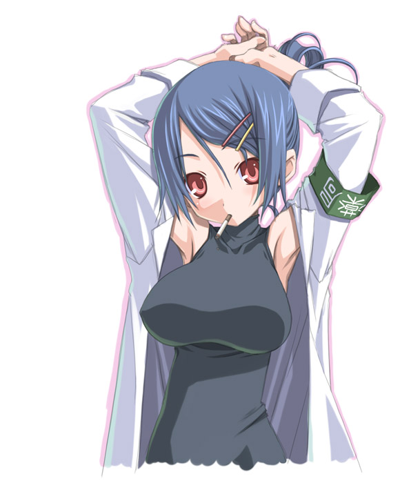 sakuya tsuitachi, translated, 1girl, armband, armpits, blue hair, breasts, cigarette, female focus, huge breasts, lab coat, large breasts, open clothes, open shirt, pharmacist, red eyes, shirt, short hair, sleeveless, sleeveless turtleneck, smoking, solo, turtleneck