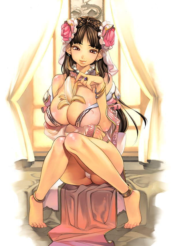 f.s., kataigou, kataikou, sangokushi taisen, breast hold, official art, 1girl, anklet, areola slip, banana, barefoot, between breasts, black hair, blunt bangs, breasts, card (medium), choker, cleavage, covered erect nipples, curtains, dragon, dress, earrings, eyeshadow, feet, female focus, fingernails, food, fruit, full body, hair ornament, huge breasts, jewelry, knees together feet apart, large areolae, large breasts, legs, lips, lipstick, long fingernails, long hair, makeup, nail polish, naughty face, no bra, off shoulder, panties, pantyshot, pink nails, red eyes, ring, see-through clothes, sexually suggestive, sitting, smile, solo, underwear, veil, very long hair, white panties, window
