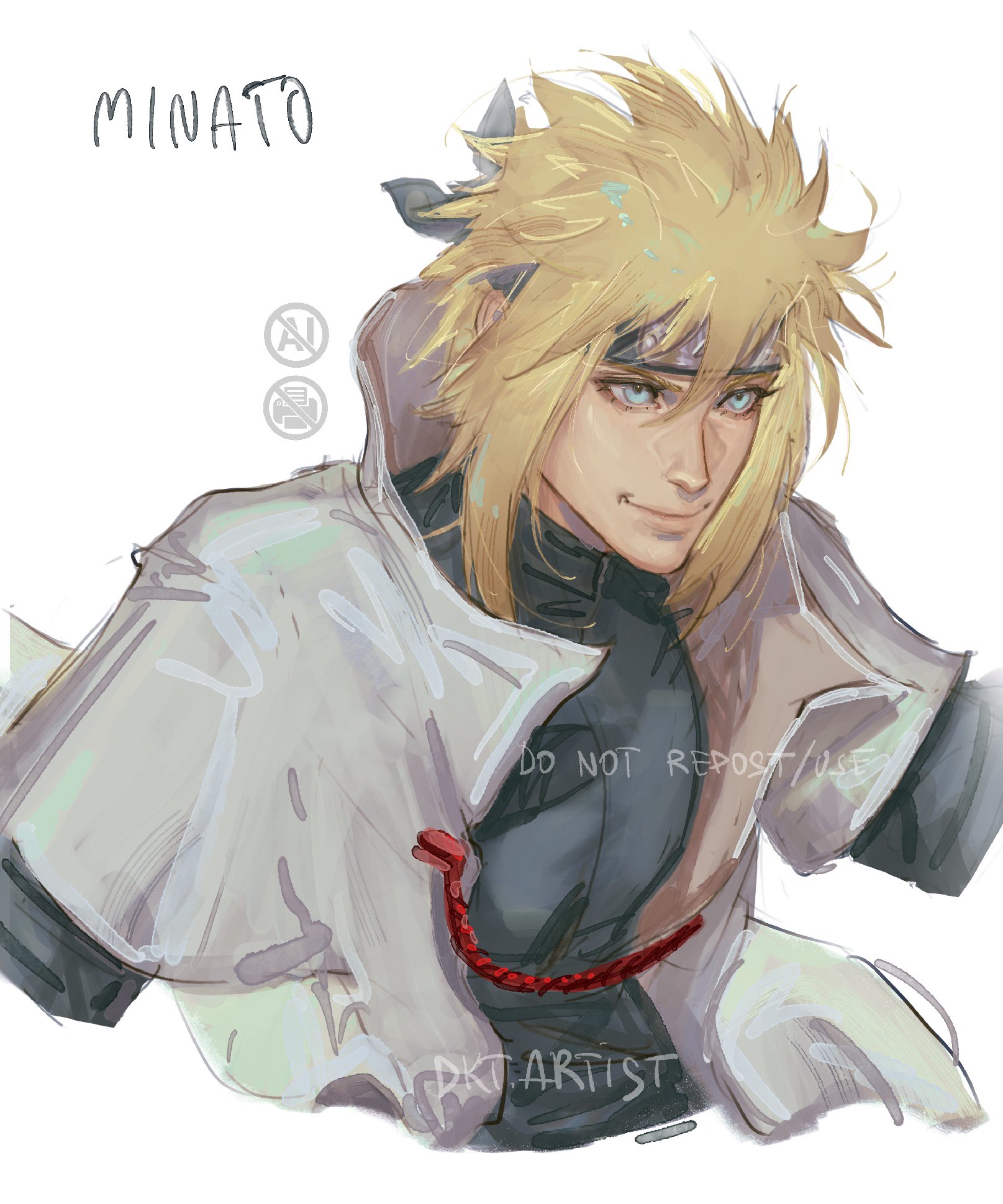 artistdkt, namikaze minato, naruto (series), highres, 1boy, artist name, blonde hair, blue eyes, character name, cropped torso, forehead protector, lips, male focus, medium hair, nose, short hair, sidelocks, simple background, smile, solo, white background