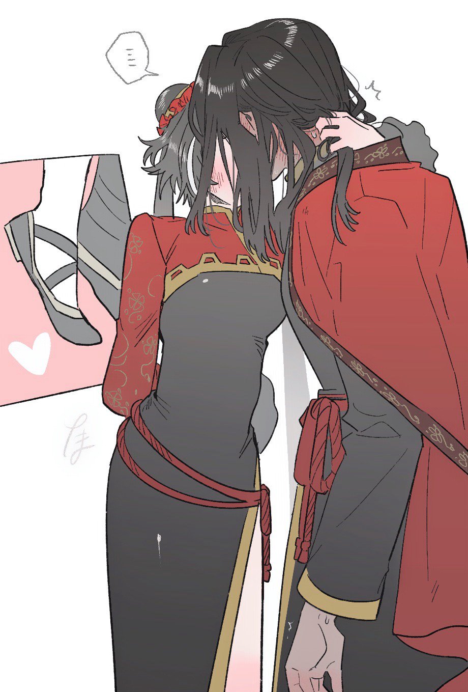 tama launcher, jia xichun (project moon), limbus company, project moon, commentary request, highres, 1boy, 1girl, arms behind back, black dress, black hair, black shoes, breasts, chinese clothes, dress, hair bun, hand on another's neck, heart, kiss, long hair, long sleeves, multicolored hair, shoes, side slit, simple background, streaked hair, tiptoes, twintails, wei (project moon), white background