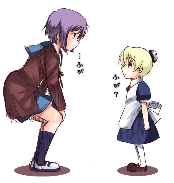 akku, flandre (kaibutsu oujo), nagato yuki, kaibutsu oujo, suzumiya haruhi no yuuutsu, 00s, 2girls, android, blonde hair, crossover, curious, loafers, maid, multiple girls, pantyhose, purple hair, school uniform, serafuku, shoes