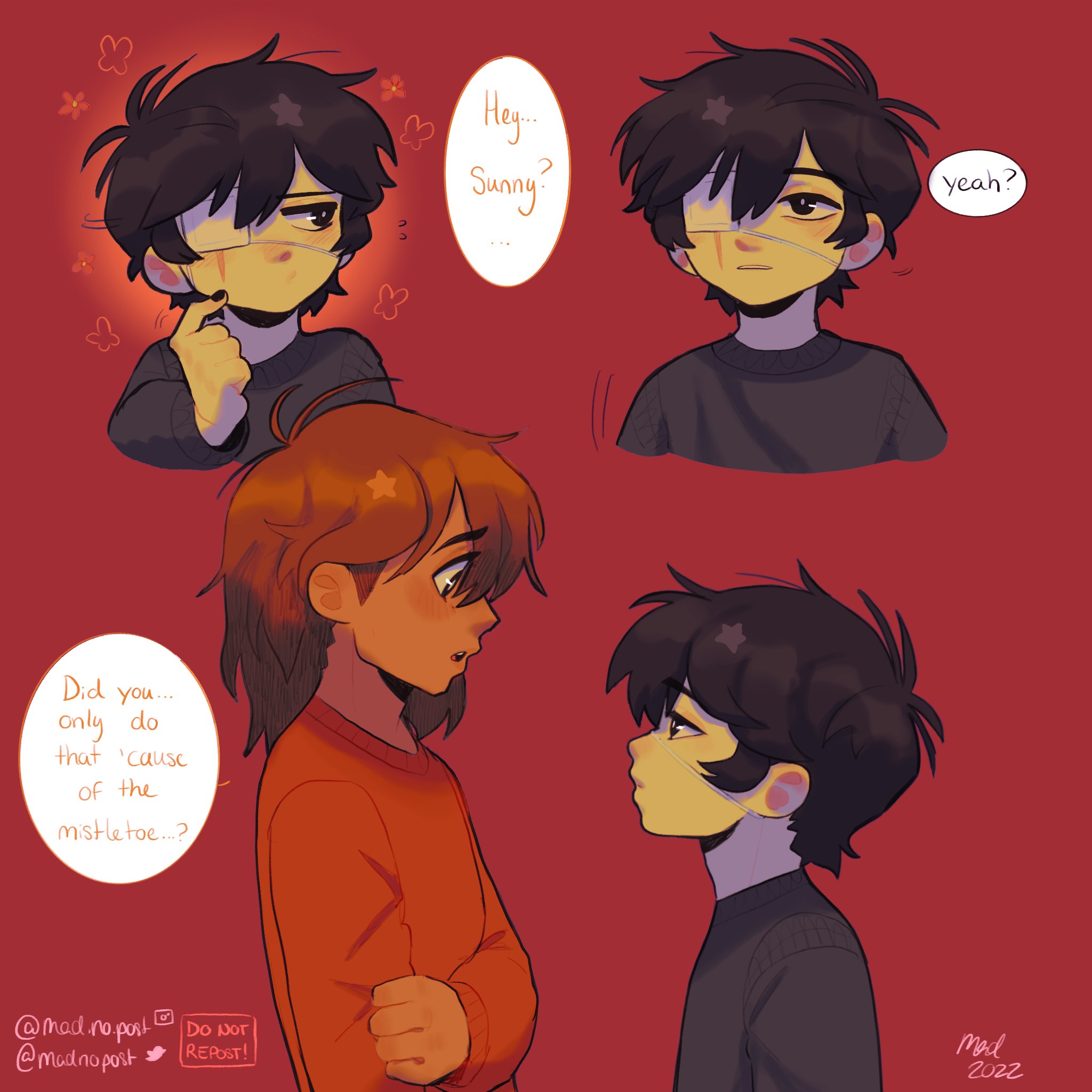 madnopost, kel (faraway) (omori), kel (omori), sunny (omori), omori, highres, spoilers, 2022, 2boys, alternate costume, antenna hair, black eyes, black hair, black nails, black sweater, brown eyes, brown hair, closed mouth, dark-skinned male, dark skin, english text, eyepatch, flying sweatdrops, instagram username, long sleeves, looking at another, male focus, multiple boys, open mouth, orange sweater, scar, scar across eye, scar on face, short hair, speech bubble, sweater, talking, twitter username, yaoi