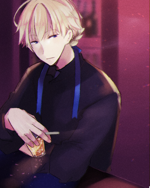 wane (ruki), royal guard (ragnarok online), ragnarok online, commentary request, 1boy, black shirt, blonde hair, blue eyes, blurry, blurry background, cigarette, closed mouth, cup, holding, holding cigarette, holding cup, looking at viewer, male focus, no armor, purple background, shirt, short hair, smile, solo, upper body