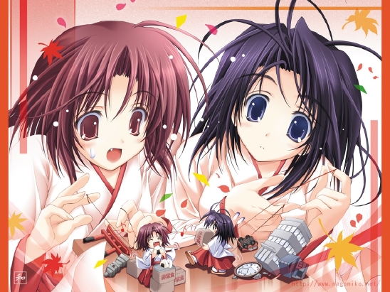 tenmu shinryuusai, 2girls, chibi, fang, japanese clothes, leaf, maple leaf, miko, mini person, minigirl, multiple girls, puppet