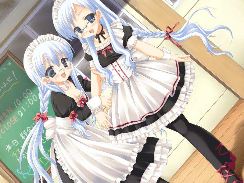 sin-go, miyamae futuha, miyamae hitoha, hajimete no otetsudai, game cg, 2girls, blue hair, blush, glasses, long hair, multiple girls, open mouth, pantyhose, ribbon, siblings, sisters, smile, tongue, twins, waitress, yuri
