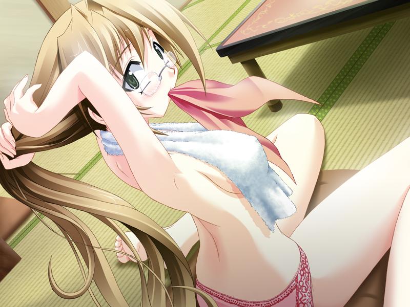 yamino kenji, nishiki ayaka, koimomo, game cg, 1girl, blonde hair, blush, female focus, glasses, hairdressing, long hair, mouth hold, panties, solo, topless female, underwear