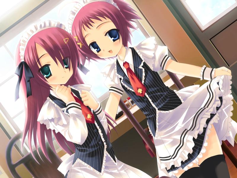 sin-go, naruse ayuka, naruse mayuka, hajimete no otetsudai, game cg, 2girls, blush, flat chest, long hair, multiple girls, ribbon, short hair, sisters, skirt, smile, thighhighs, twins, waitress, zettai ryouiki