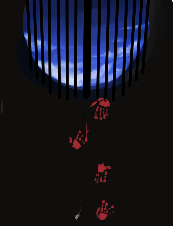 wane (ruki), ragnarok online, black background, bloody handprints, blue sky, cloud, handprint, indoors, no humans, round window, sky, window