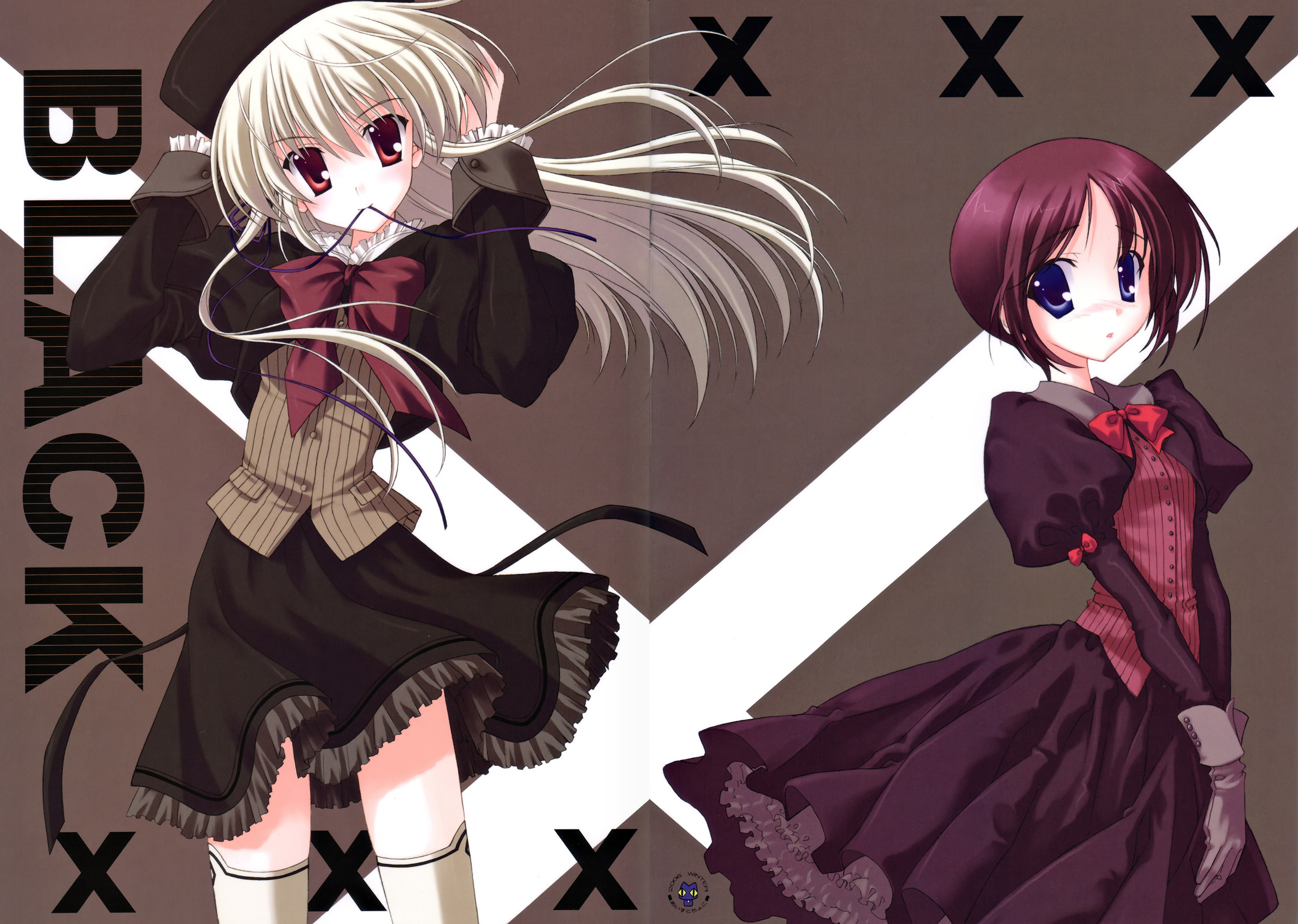 nanao naru, absurdres, highres, blush, dress, hat, mouth hold, ribbon, skirt, smile, thighhighs