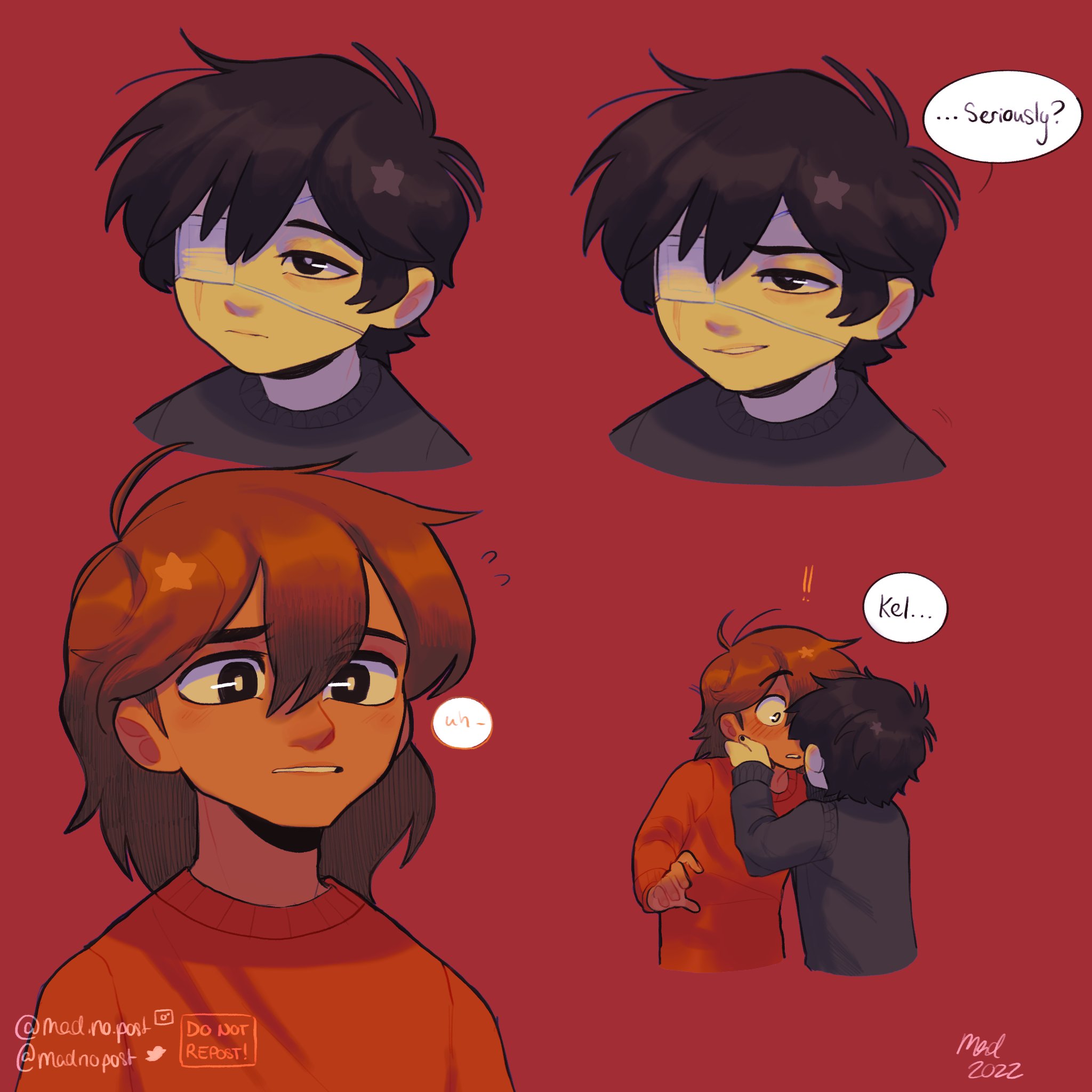 madnopost, kel (faraway) (omori), kel (omori), sunny (omori), omori, highres, spoilers, !, !!, 2022, 2boys, alternate costume, antenna hair, black eyes, black hair, black nails, black sweater, brown eyes, brown hair, closed mouth, dark-skinned male, dark skin, double-parted bangs, english text, eyepatch, flying sweatdrops, instagram username, long sleeves, looking at another, male focus, multiple boys, orange sweater, parted lips, short hair, smile, speech bubble, sweater, twitter username, yaoi