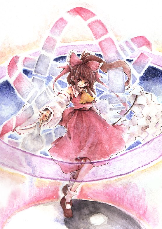 miyamori toko, waterswing, hakurei reimu, touhou, painting (medium), traditional media, watercolor (medium), 1girl, female focus, full body, solo