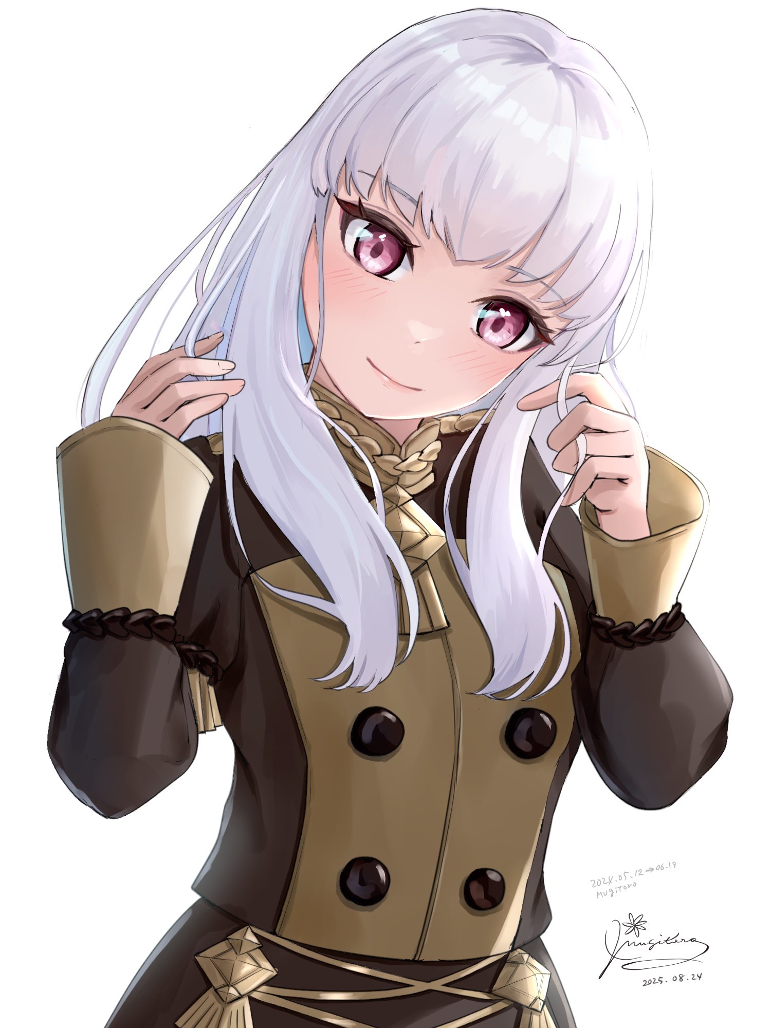 mugitoro (dsfv2277), lysithea von ordelia, fire emblem, fire emblem: three houses, nintendo, highres, 1girl, blush, breasts, closed mouth, dress, epaulettes, garreg mach monastery uniform, long hair, long sleeves, looking at viewer, pink eyes, simple background, smile, solo, upper body, white background, white hair