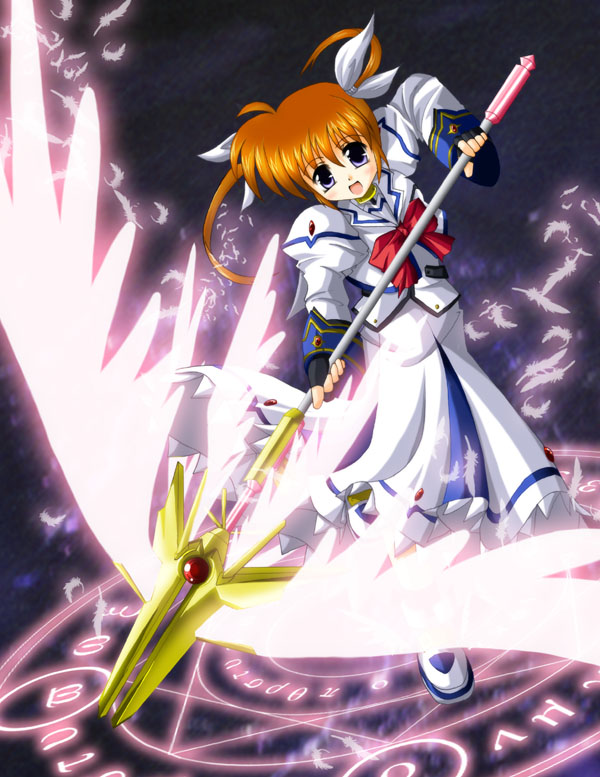 raising heart, takamachi nanoha, lyrical nanoha, mahou shoujo lyrical nanoha, 00s, ribbon, smile, solo, staff